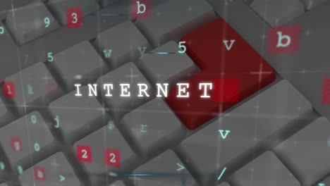 Computing technology concept texts over grid network against close of keyboard keys