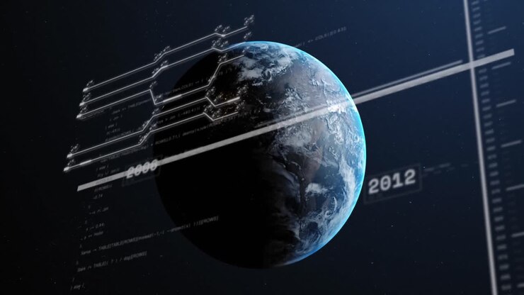 Animation of computer language with circuit board pattern and numbers over circles on globe