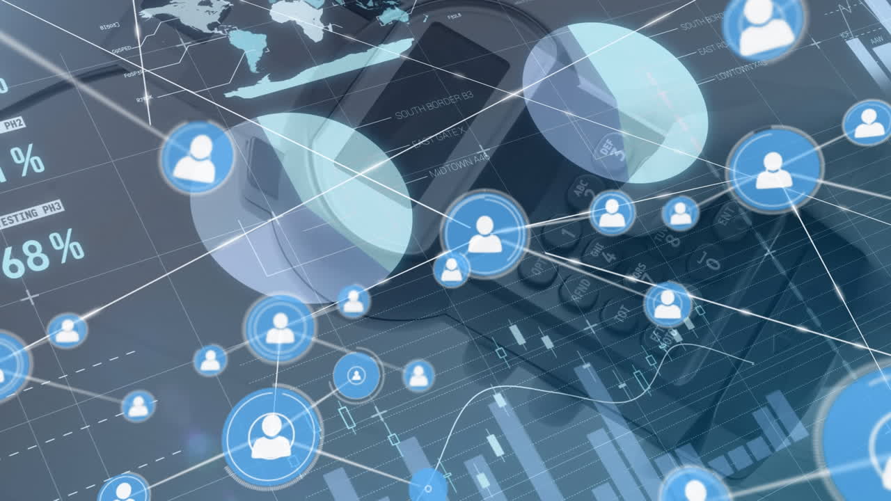 아이콘과 데이터 처리를 가진 연결 네트워크의 애니메이션 손잡이 계산기