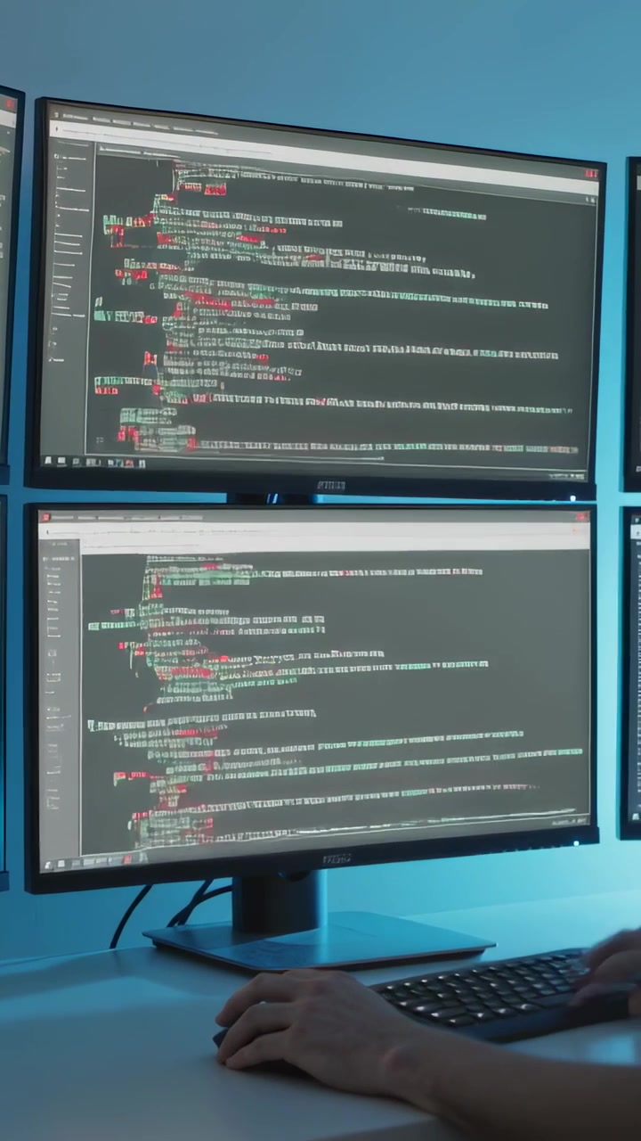 Vertical video: Shifting hands, coder typing and editing code at desk with keys, dual monitors