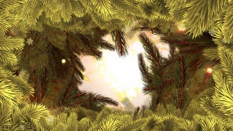 animación de copos de nieve dorados cayendo con luz brillante y borde de árbol de navidad.