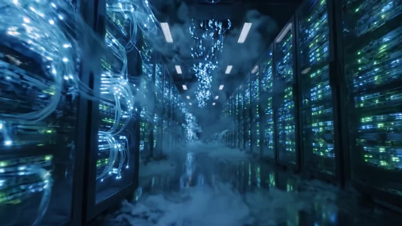 A Magnificent Display of Data and Technology: The Vibrant Energy Flowing Between Server Racks Illuminates the High-Tech Environment of a Modern Data Center