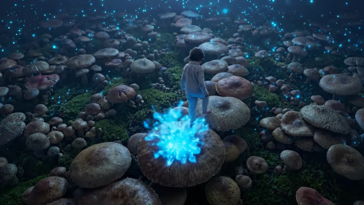 Child Walking on Glowing Mushrooms in a Magical Fantasy Forest