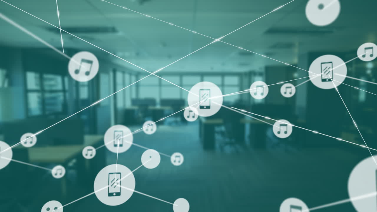 Animation of music and smartphone icons connected by lines in office setting