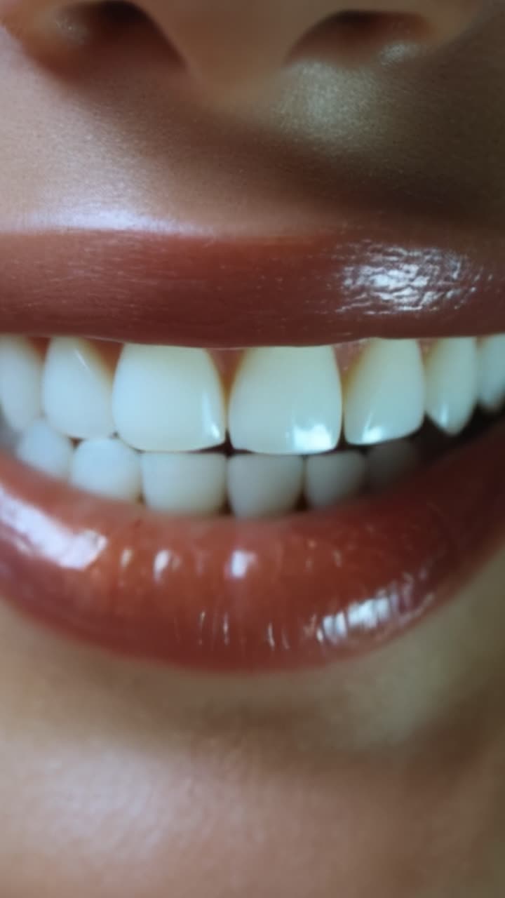 A close-up of glossy lips transitioning from a subtle pout to a bright, joyful smile showcasing healthy teeth and alluring lip gloss in vibrant detail