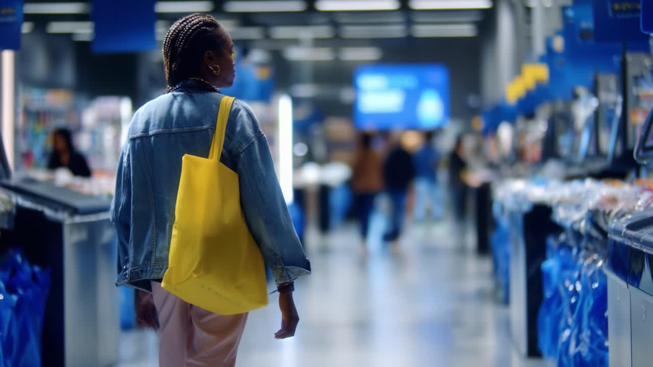 Una persona che cammina nel corridoio di un negozio di alimentari ben illuminato, che mette in mostra le moderne abitudini di acquisto con una borsa gialla e una giacca di jeans, evidenziando le scelte dei consumatori e la convenienza