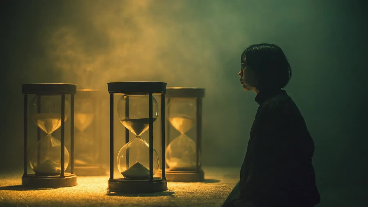 Persona che contempla il tempo in un'atmosfera malinconica con clessidre