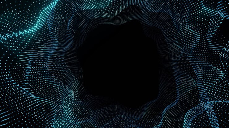 Onda di particelle digitali 3D dinamica che forma una cornice circolare con un centro nero vuoto, ideale per il posizionamento di testo in presentazioni o sfondi di tecnologia, dati, intelligenza artificiale e concetti futuristici.