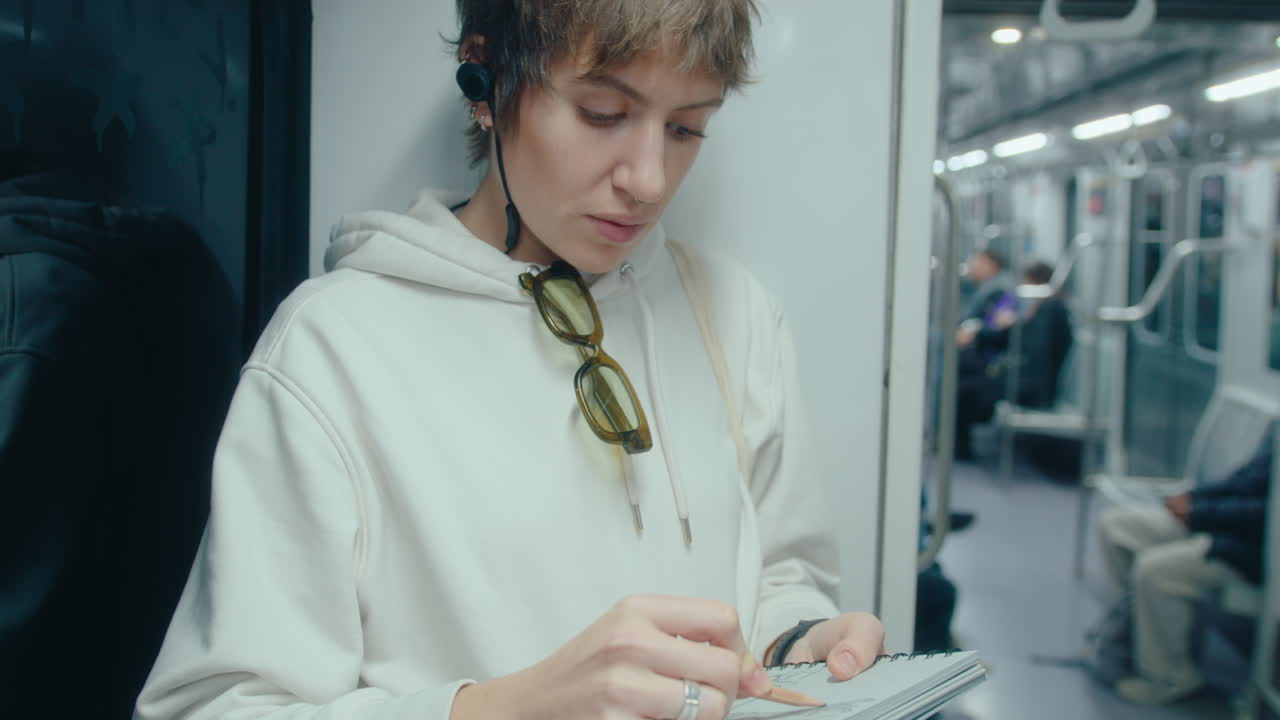 Young Woman Drawing Sketch during Subway Ride