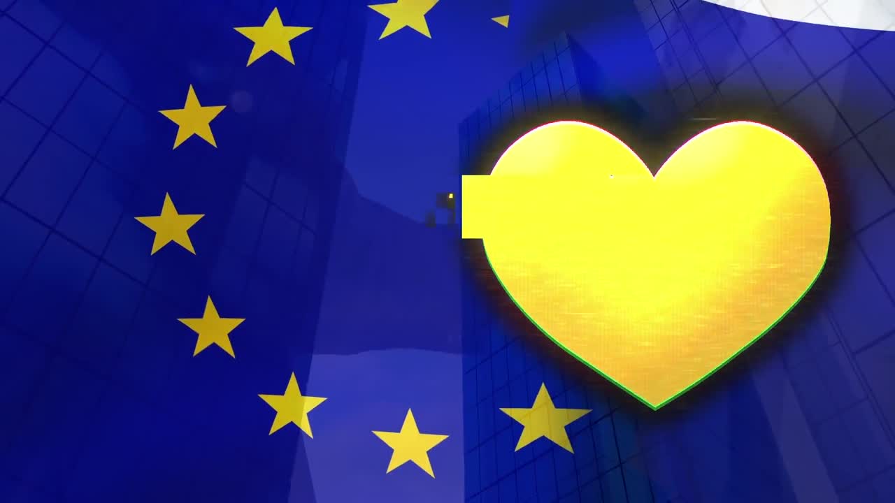 Animazione di icona a cuore e bandiera UE su paesaggio urbano