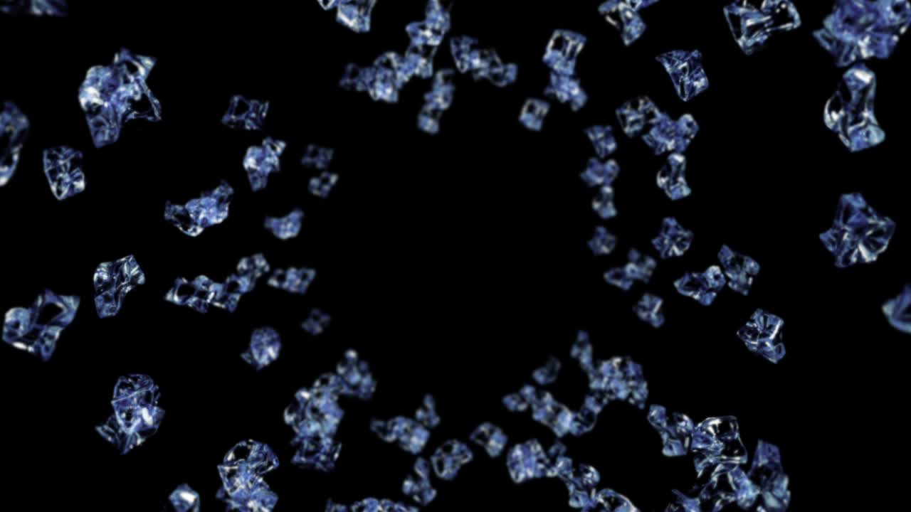 검은색 바탕에 많은 깨한 얼음 큐브를 날아. 부서진 얼음 조각, 자연 물. 부러진 얼음의 3d 애니메이션 회전. 루프 애니메이션.