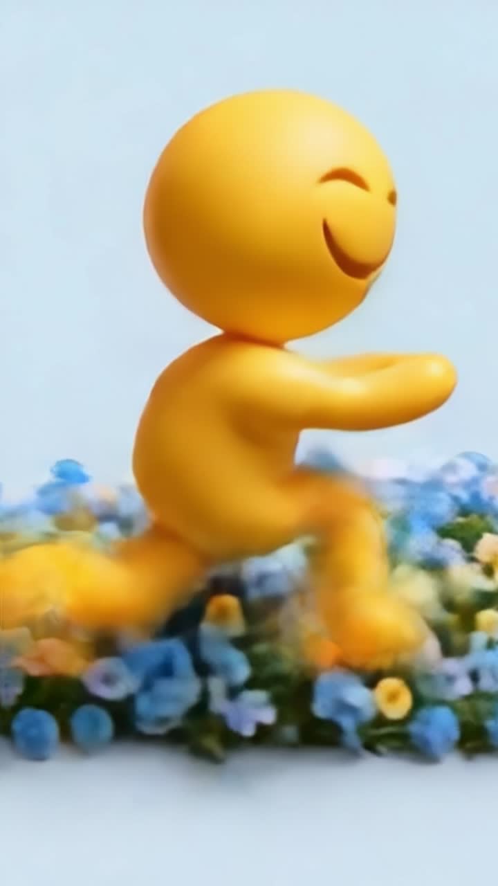 Una figura gialla allegra corre gioiosamente su un letto di delicati fiori blu e gialli, incarnando la felicità e l'essenza dei momenti spensierati della vita.