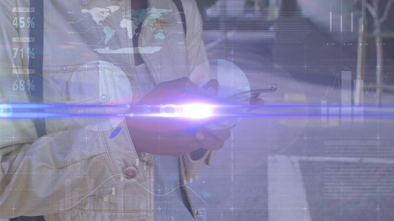 스마트폰을 사용하는 두 인종 여성의 손 위의 그래프의 애니메이션