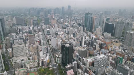 aerial scenic urban drone footage of buildings and skyscrapers in downtown tokyo in the capital city of tokyo, japan