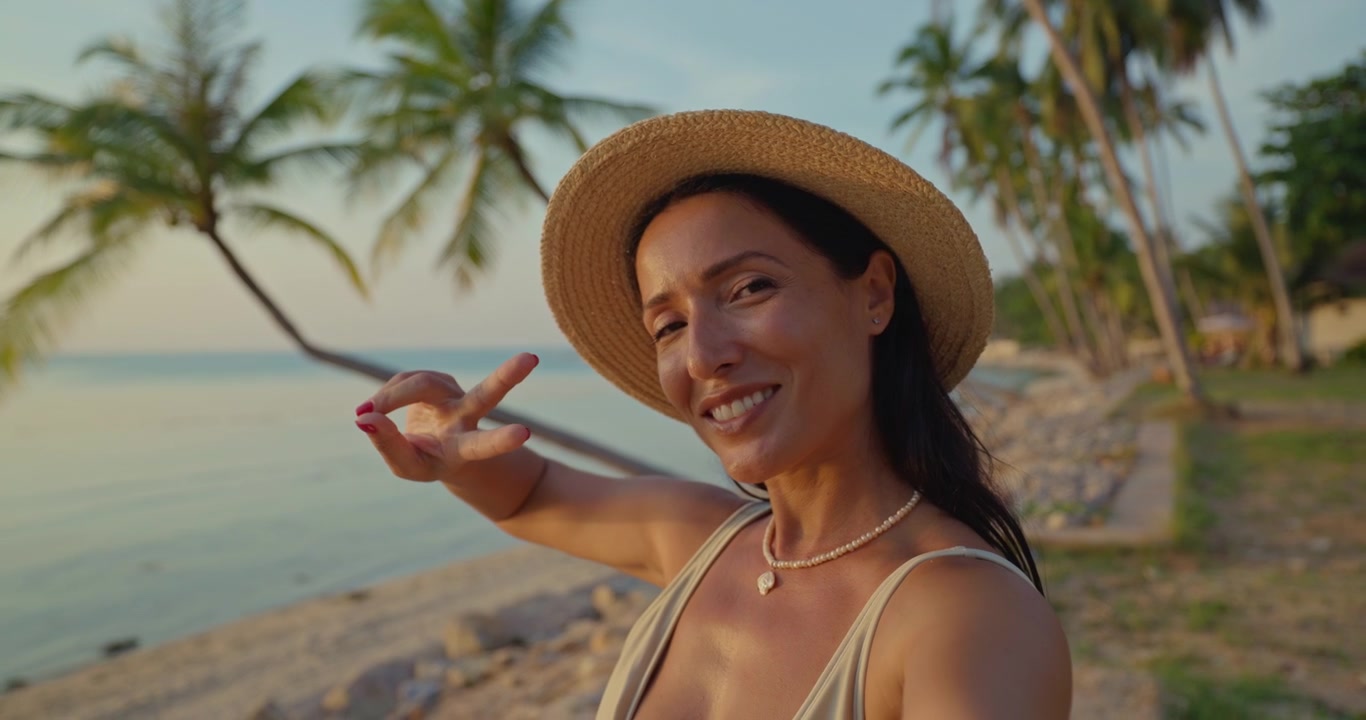 Donna che registra un video blog su una spiaggia tropicale al tramonto