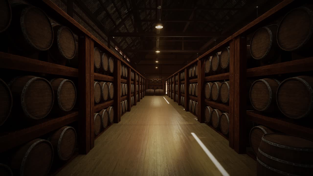 almacenamiento de barriles de vino en la bóveda de vinos. barriles de coñac, vino o whisky. barrilles de vino de roble de madera. almacén de alcohol