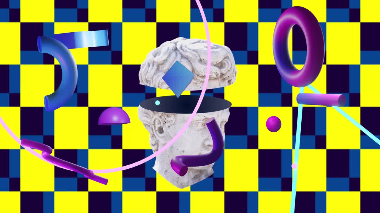 animación de una escultura de cabeza antigua sobre formas y fondo a cuadros amarillo