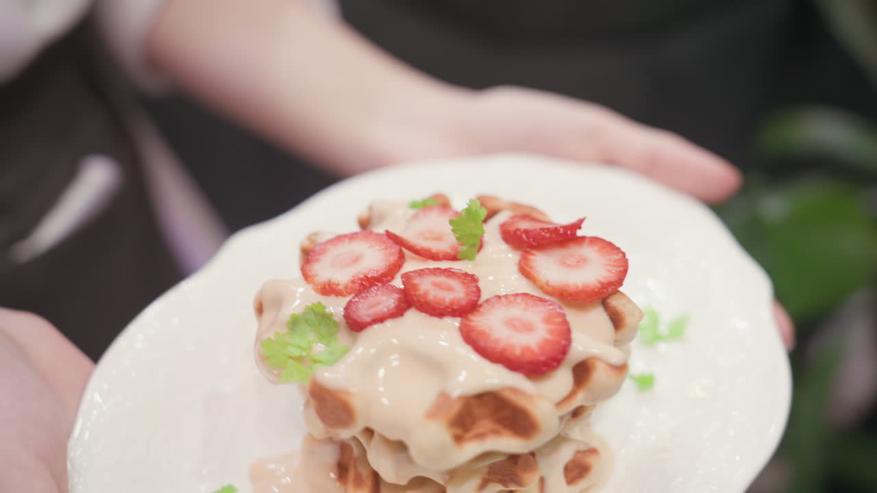 Close up view of waitress presenting white ceramic plate with stacked golden waffles topped with creamy sauce, fresh strawberry slices, and herbs, showcasing elegant dessert in soft indoor lighting