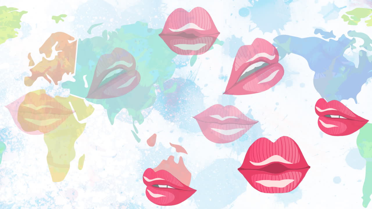 Animation of lips over colorful world map on white background