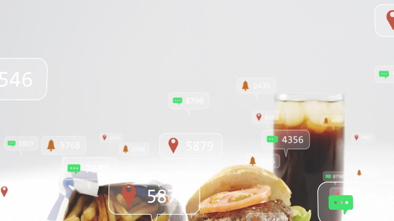 Social media notifications floating over burger, fries, and drink animation