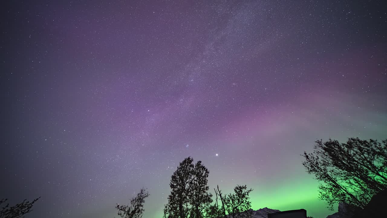 завораживающий танец северного сияния в темном звездном небе.