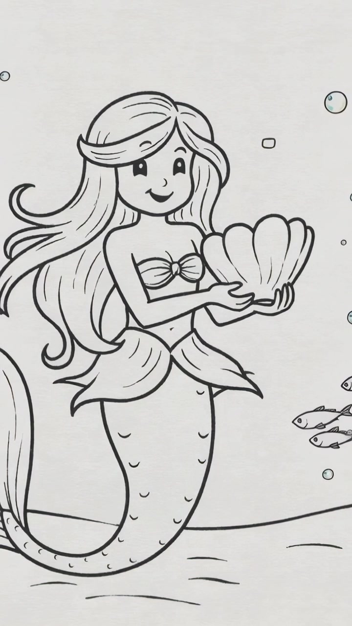 Video verticale: Sirena sorridente con top a conchiglia che tiene una conchiglia sott'acqua, con pesci che entrano da destra e ispezionano.