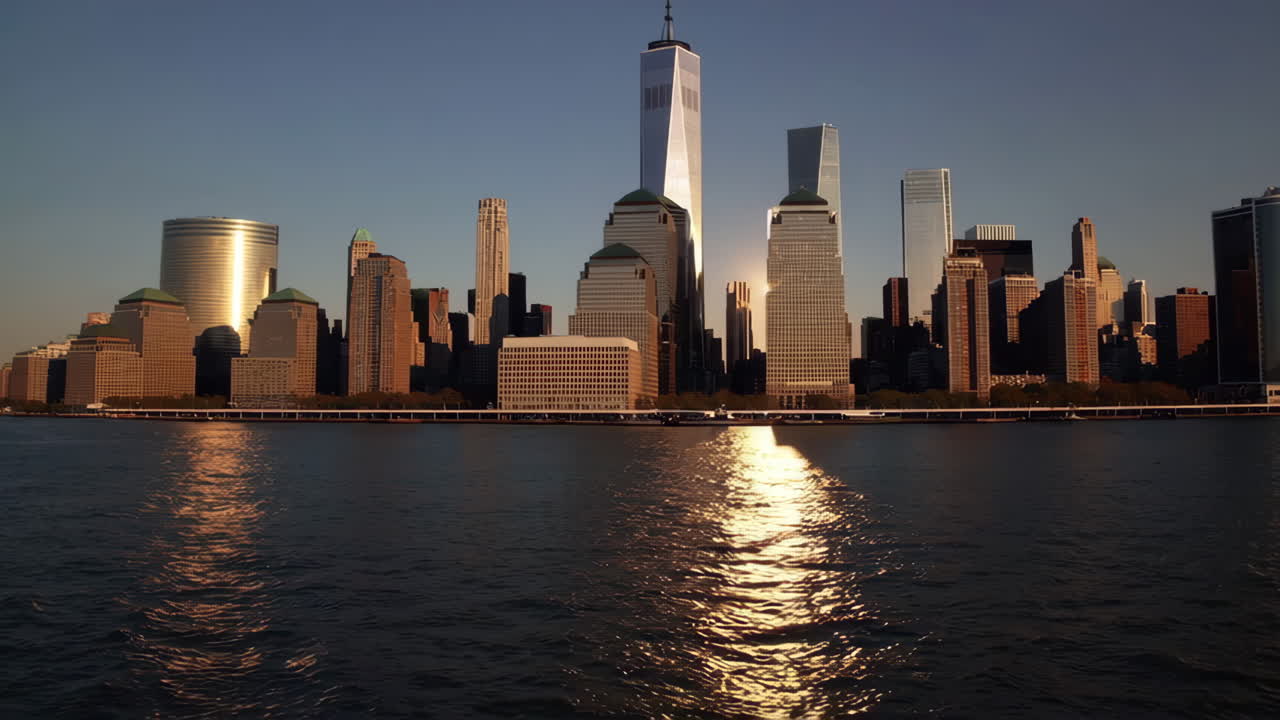 New York City Skyline with Skyscrapers and Waterfront at Golden Hour