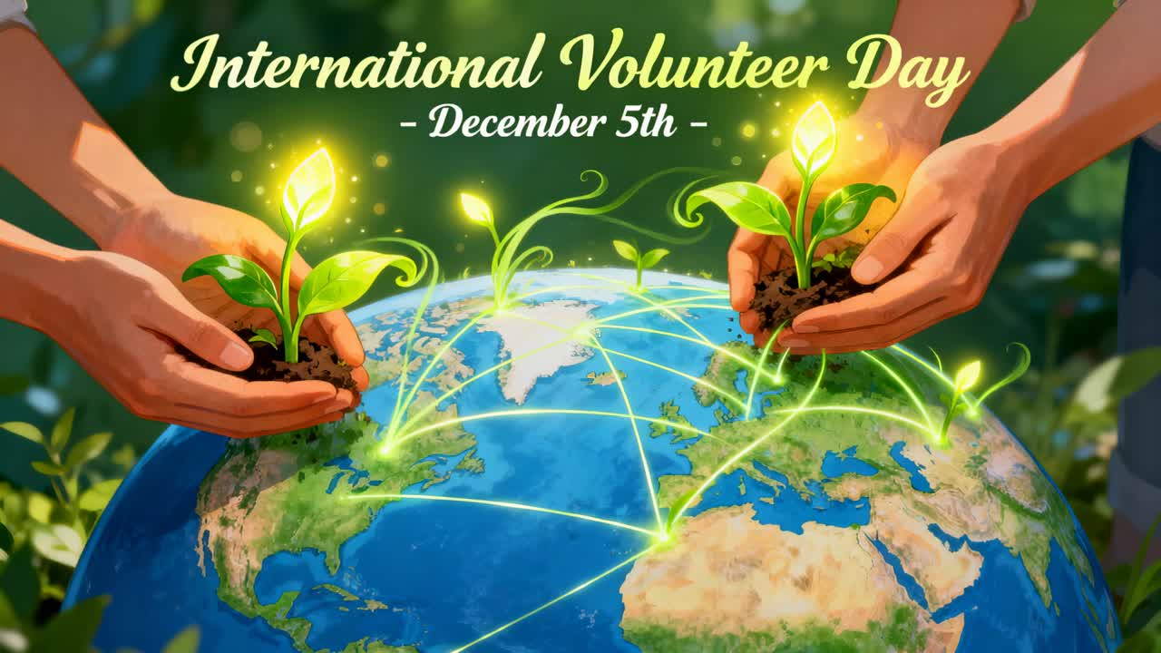 Opening frame showing banner, volunteers placing seedlings over globe in short sleeves, for unity