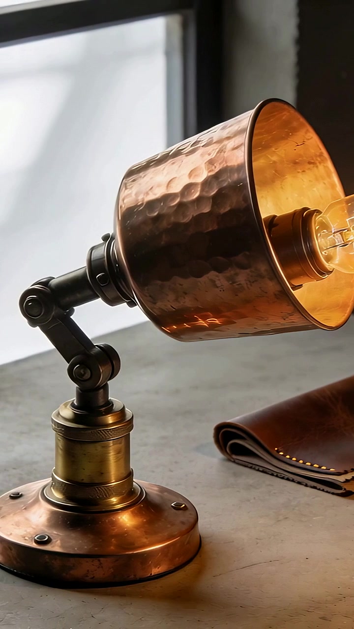 Lodret video: Hængsel bevæger kobberlampe, der vipper ved vinduet ved bordet ved siden af notesbog, skiftende lys