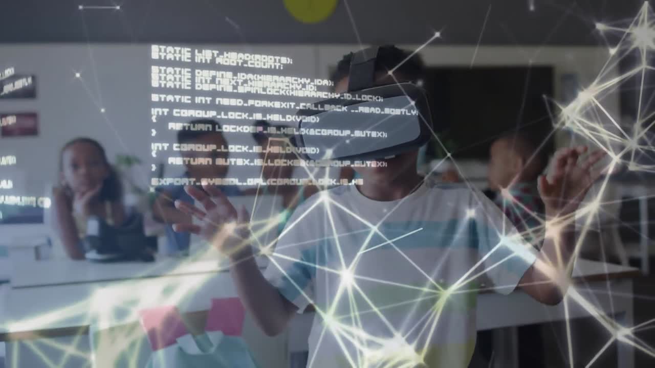 animación de red y datos sobre escolar afroamericano en auriculares vr en clase