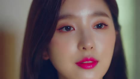 분홍색 립스틱 과 메이크업 을 한 여자 의 클로즈업 초상화