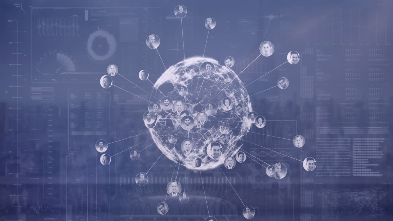 현대 도시 풍경에 대한 전 세계 및 hud 인터페이스에 대한 프로필 아이콘의 애니메이션