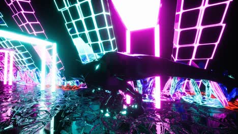 el dinosaurio t-rex corre a través del túnel de neón con cristales. túnel de animación de bucle sin costuras de cristales brillantes para fondos de vj, dj o ciencia ficción.