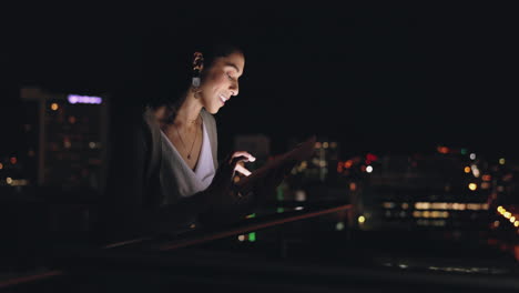 city night, tablet and business woman on rooftop