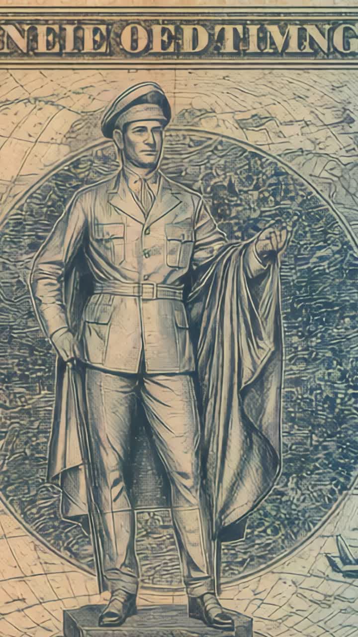 Vertical video: Standing uniformed officer sculpture holding cloak in banknote design, world map