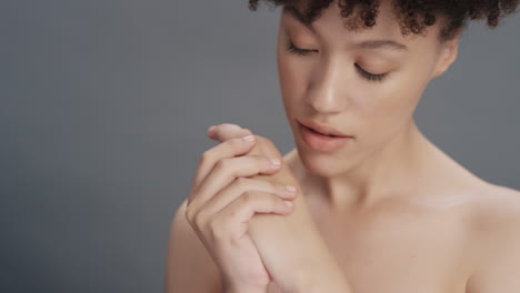 close up beautiful woman touching hands caressing smooth healthy skin enjoying natural feminine beauty sensual skincare concept