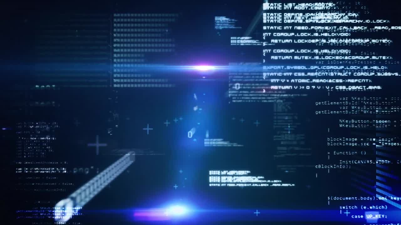 Animation of binary coding digital data processing over blue background
