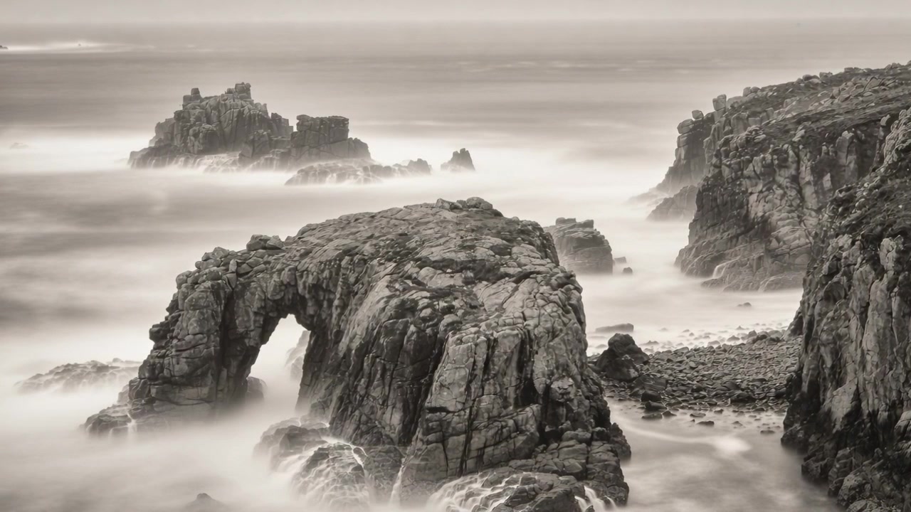 Marea in arrivo che spinge onde spumeggianti attraverso un grande arco di roccia su una costa battuta dalle maree, rimodellando la nebbia.
