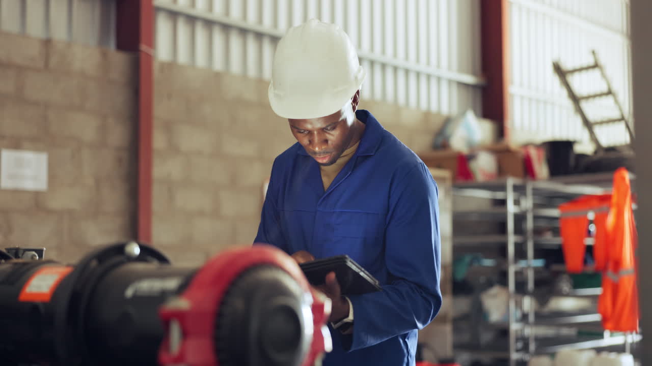 Man, engineer and tablet or machine check to