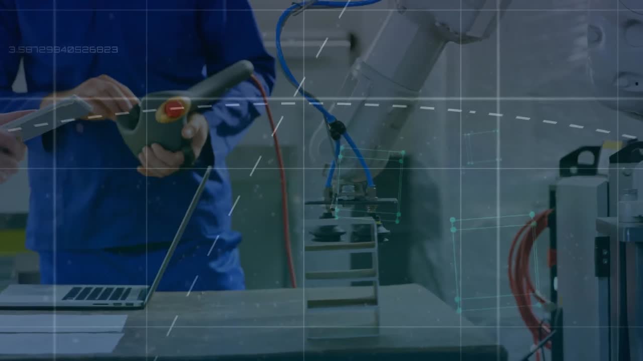 선의 애니메이션, 큐브를 형성하는 연결된 점, 장비를 사용하는 백인 동료의 중간 섹션