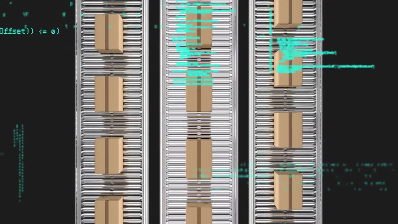 animación del procesamiento de datos sobre cajas de cartón en cintas transportadoras