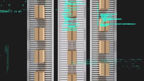 animation of data processing over cardboard boxes on conveyor belts