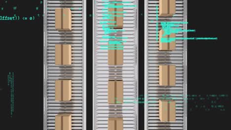 animation of data processing over cardboard boxes on conveyor belts