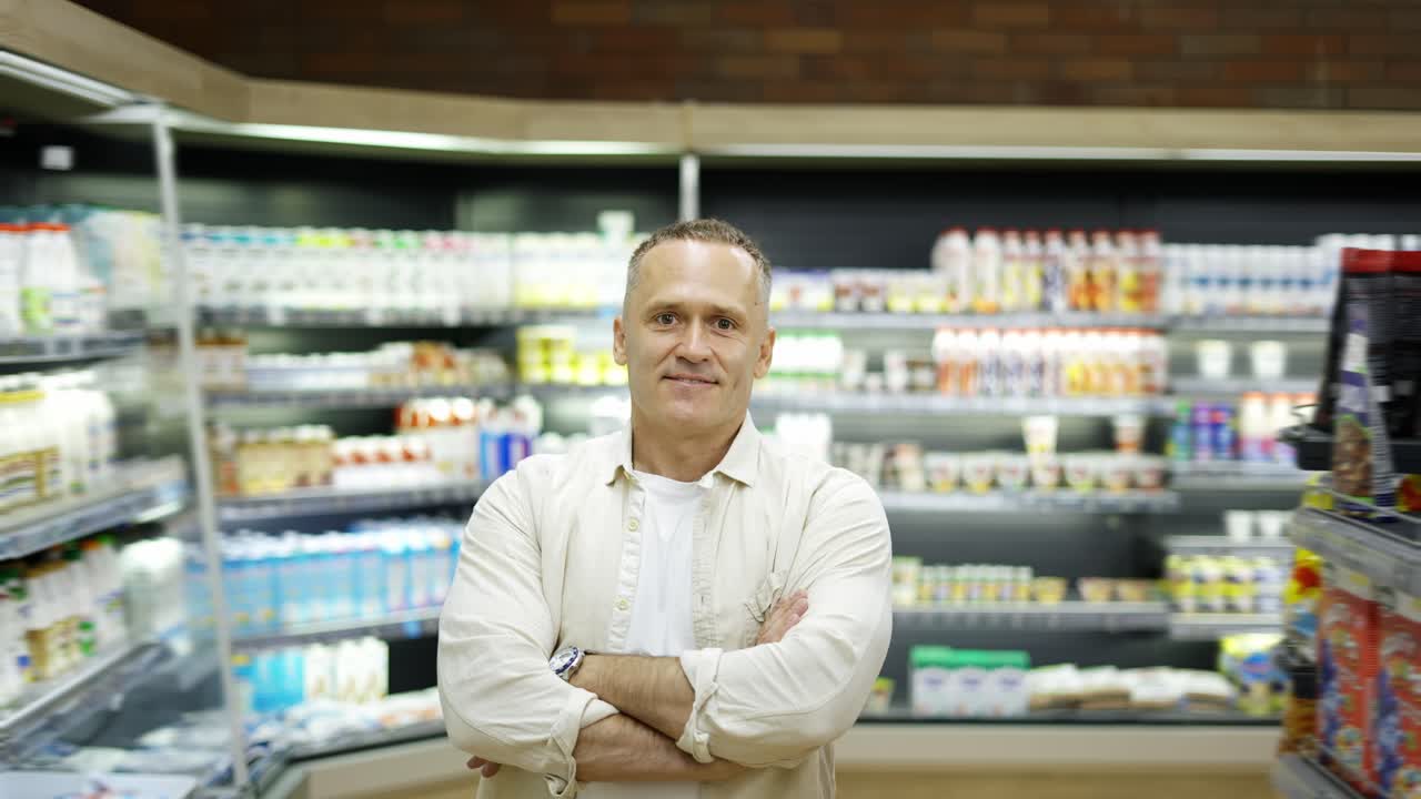 Portrait of and elderly shot visitor. The man puts his hands on his chest. Concept of going to the grocery store