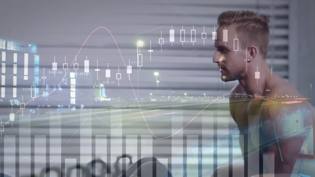 Trainee doing weighted sit-ups after coach cue, finance charts overlaying with med ball for core