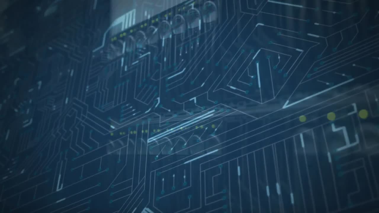 Glowing blue computer circuits and mainframe racks in a server room