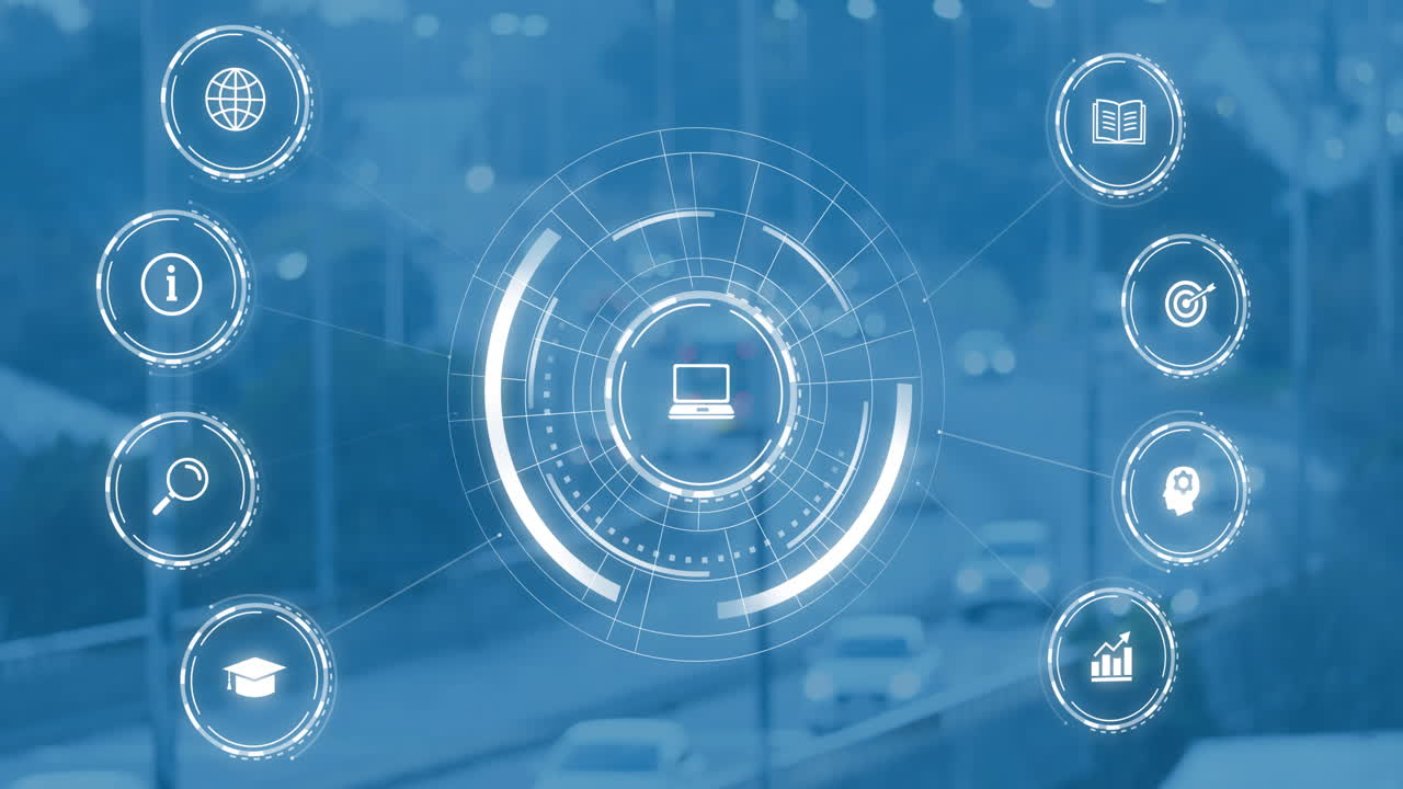 Animation of digital network interface with icons over urban traffic background