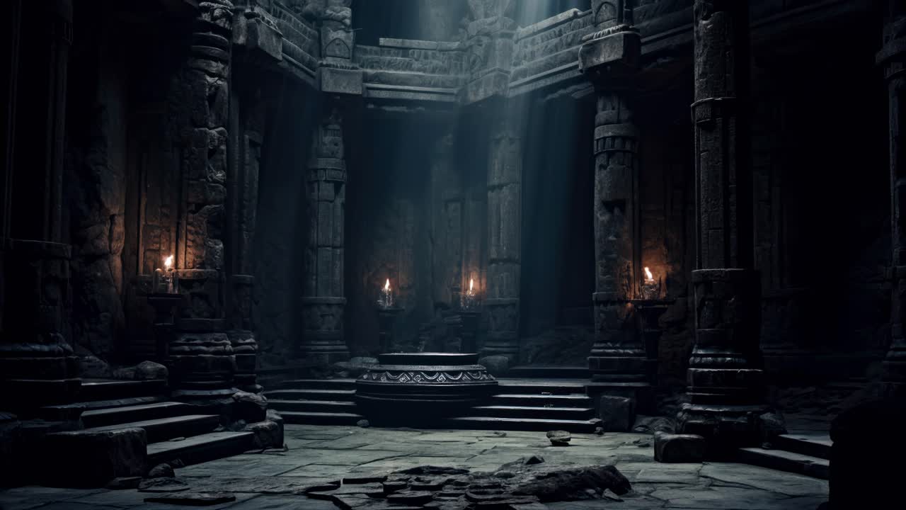 A mystical ancient temple interior with towering stone pillars, dimly lit by torches