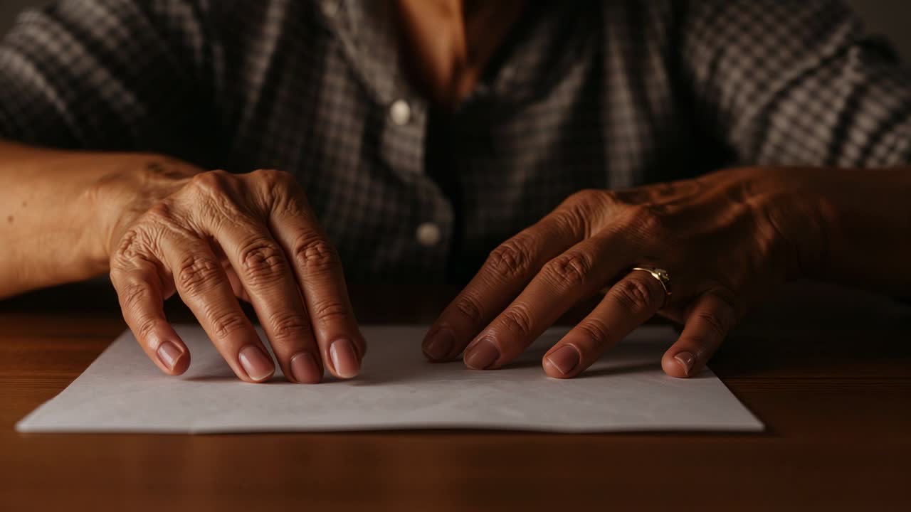 Woman placing hands on paper at wooden table, smoothing sheet for design prep with animated guide
