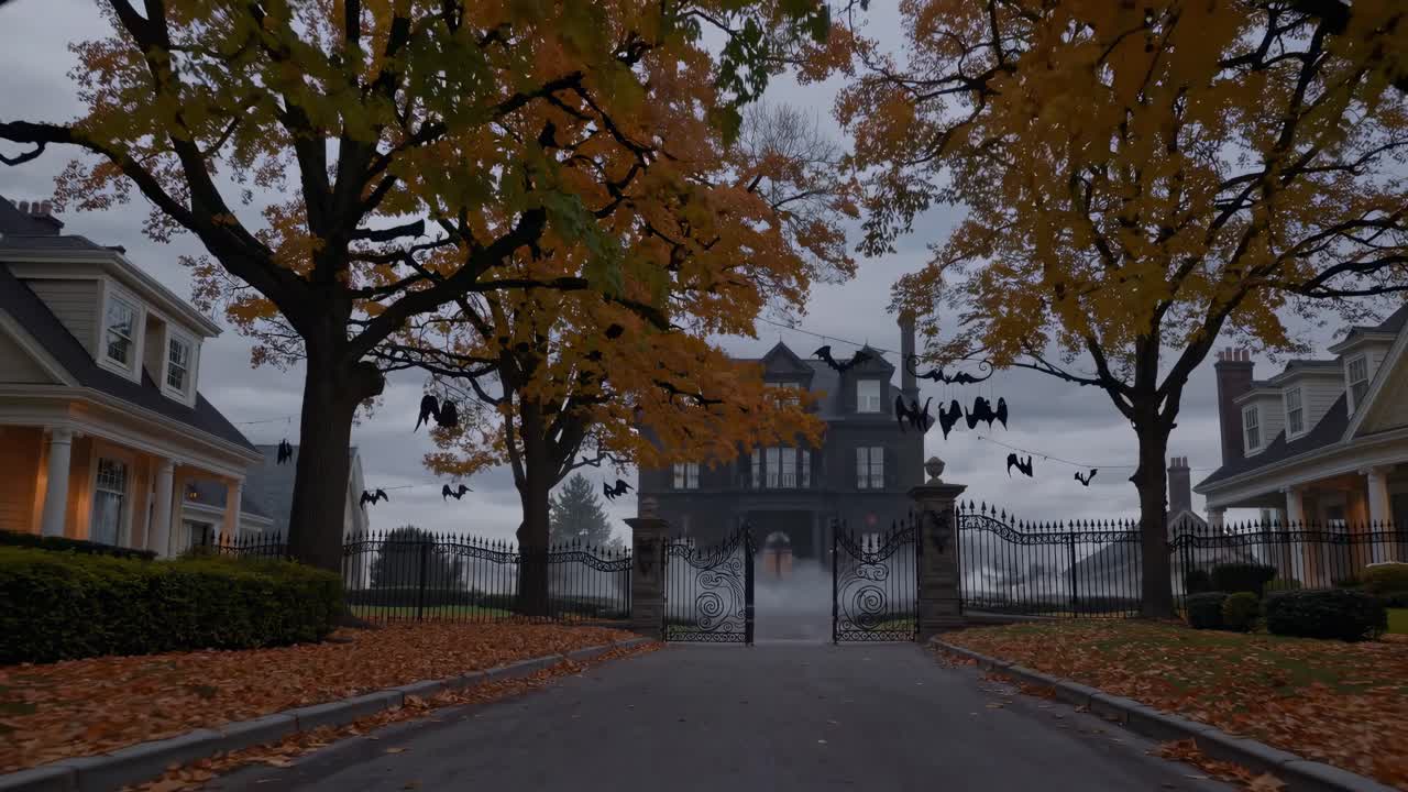 Spooky video scene with a low-angle view of a haunted mansion, surrounded by bats and fog, framed